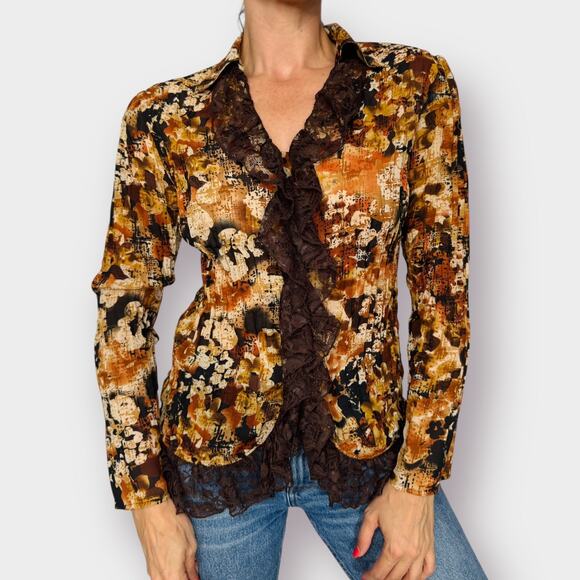 Y2K Fashion Bug‎ Orange and Brown Lace Front Blouse - Picture 3 of 6